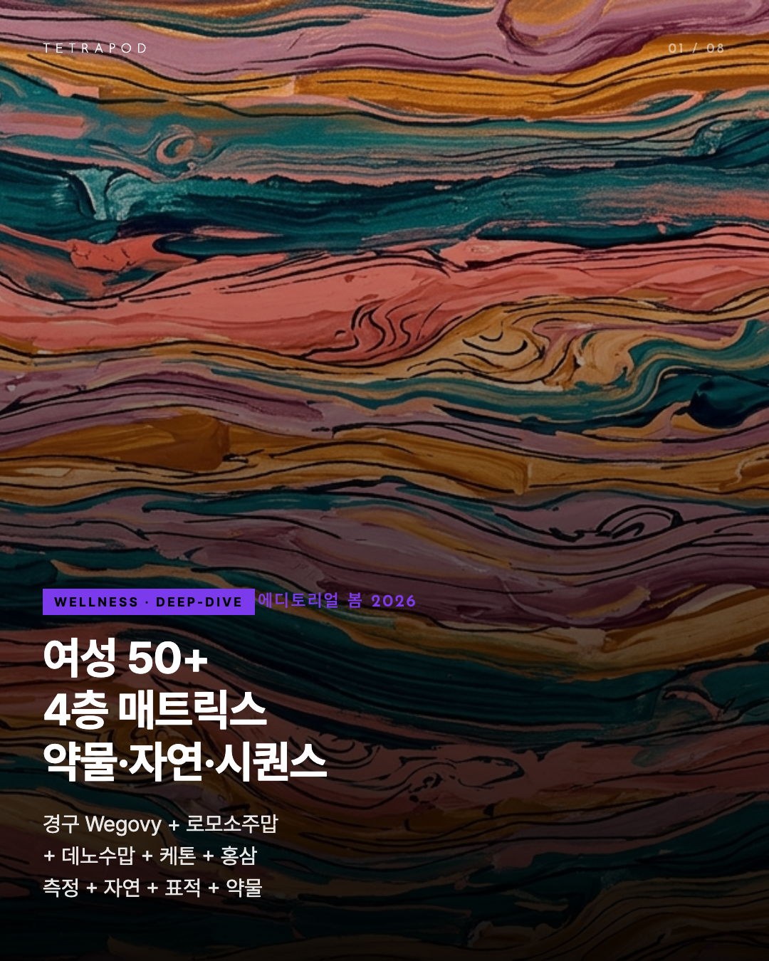 여성 50+ 4층 매트릭스, 측정·자연·표적·약물 시퀀스 — 에디토리얼 8장